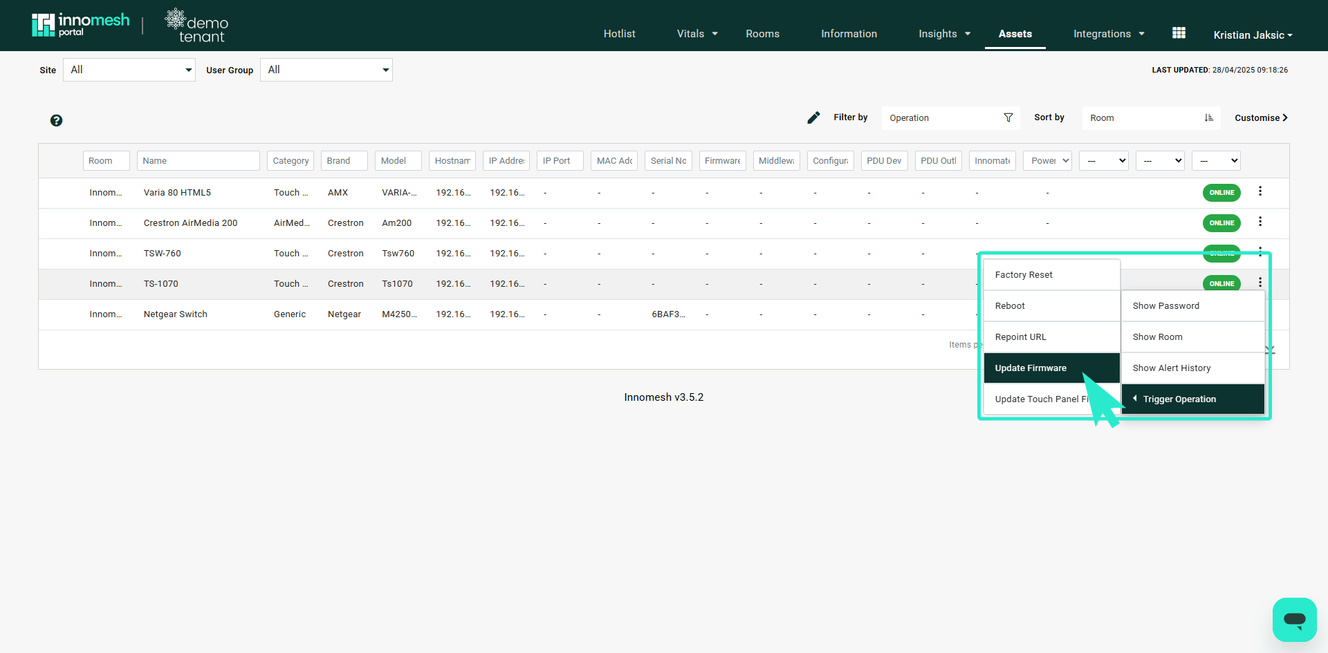 Portal Information page for AMX Test Room showing Room Information navigation and General fields including Building, Campus, Commission Date, Facility Type, System Name, and Warranty period