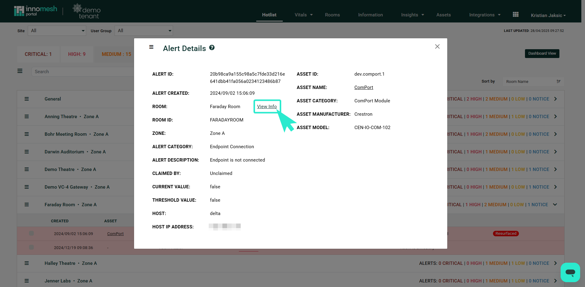 Portal Information page for a room showing Room Information navigation, thumbnail gallery, and General fields including Building, Campus, Commission Date, Facility Type, System Name, and Warranty period