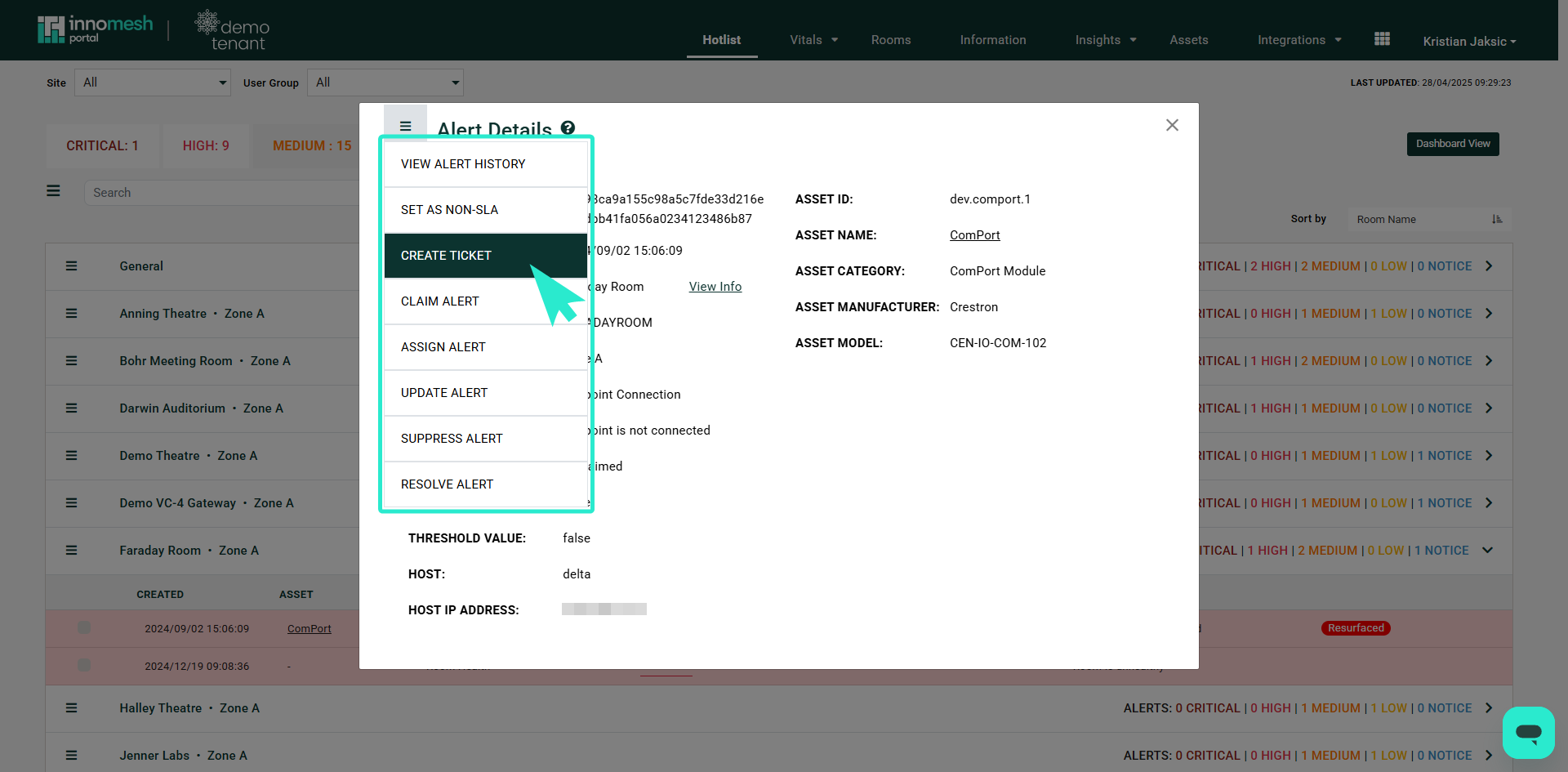 Portal Assets page with expanded row action menu showing Factory Reset, Reboot, Repoint URL, Update Firmware, and Trigger Operation submenu options for a Crestron TS-1070