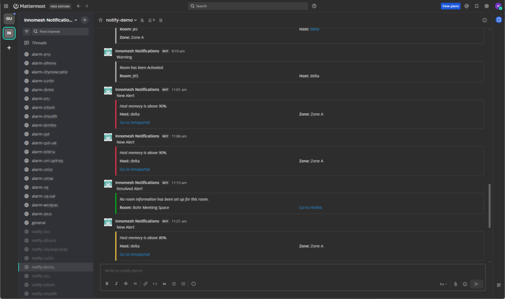 Innomesh Notifications app feed showing Notice, Resolved Alert, and New Alert messages for Innopulse Room updates and Endpoint not connected events with Go to Innoportal buttons