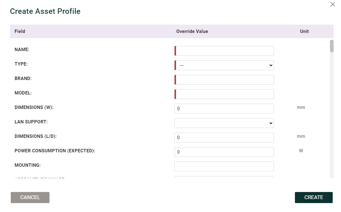 Create Asset Profile modal with Name, Type, Brand, Model, Dimensions, LAN Support, Power Consumption, and Mounting fields and Cancel and Create buttons