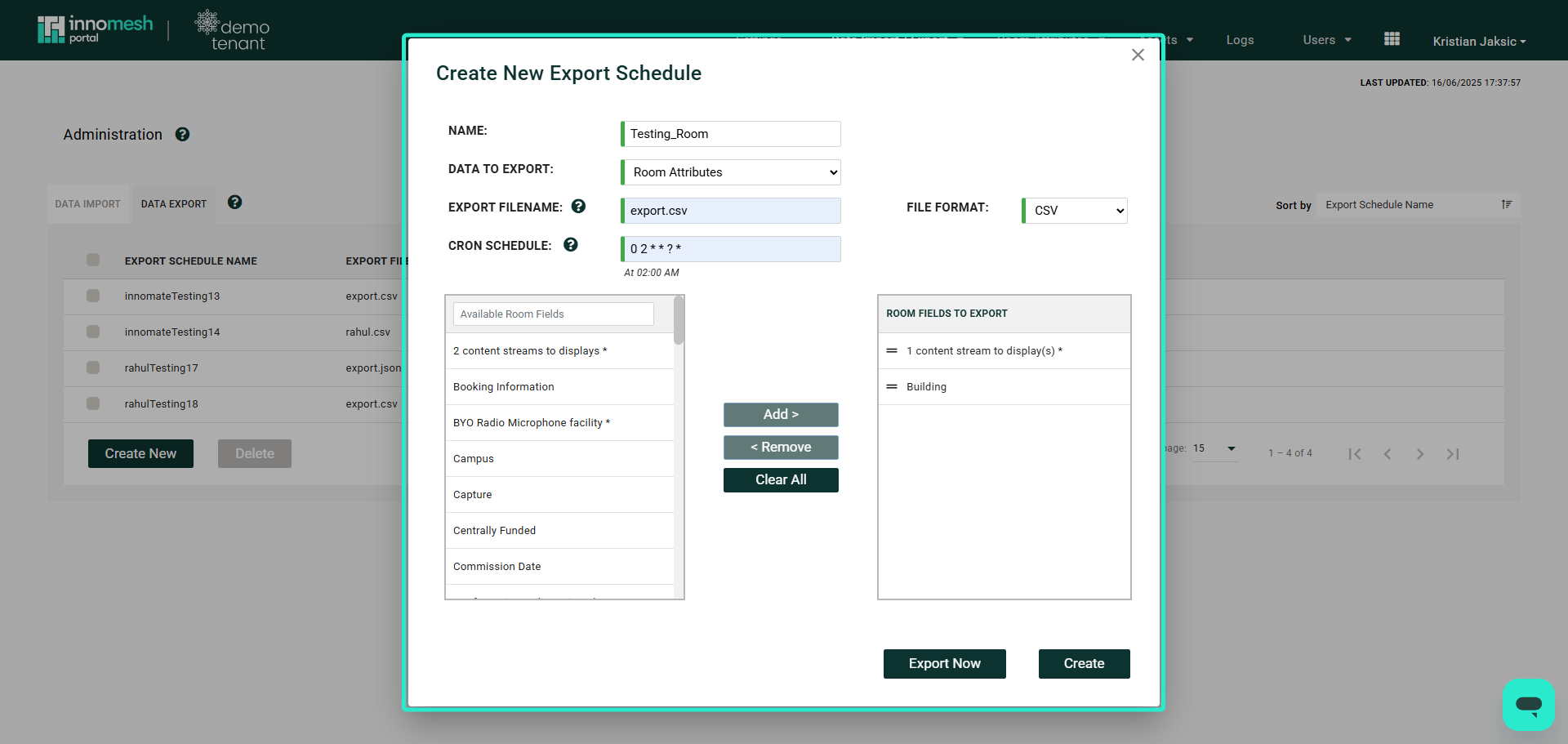 Create New Export Schedule modal with Name, Data to Export, Export Filename, Cron Schedule, File Format fields and Room Fields selector