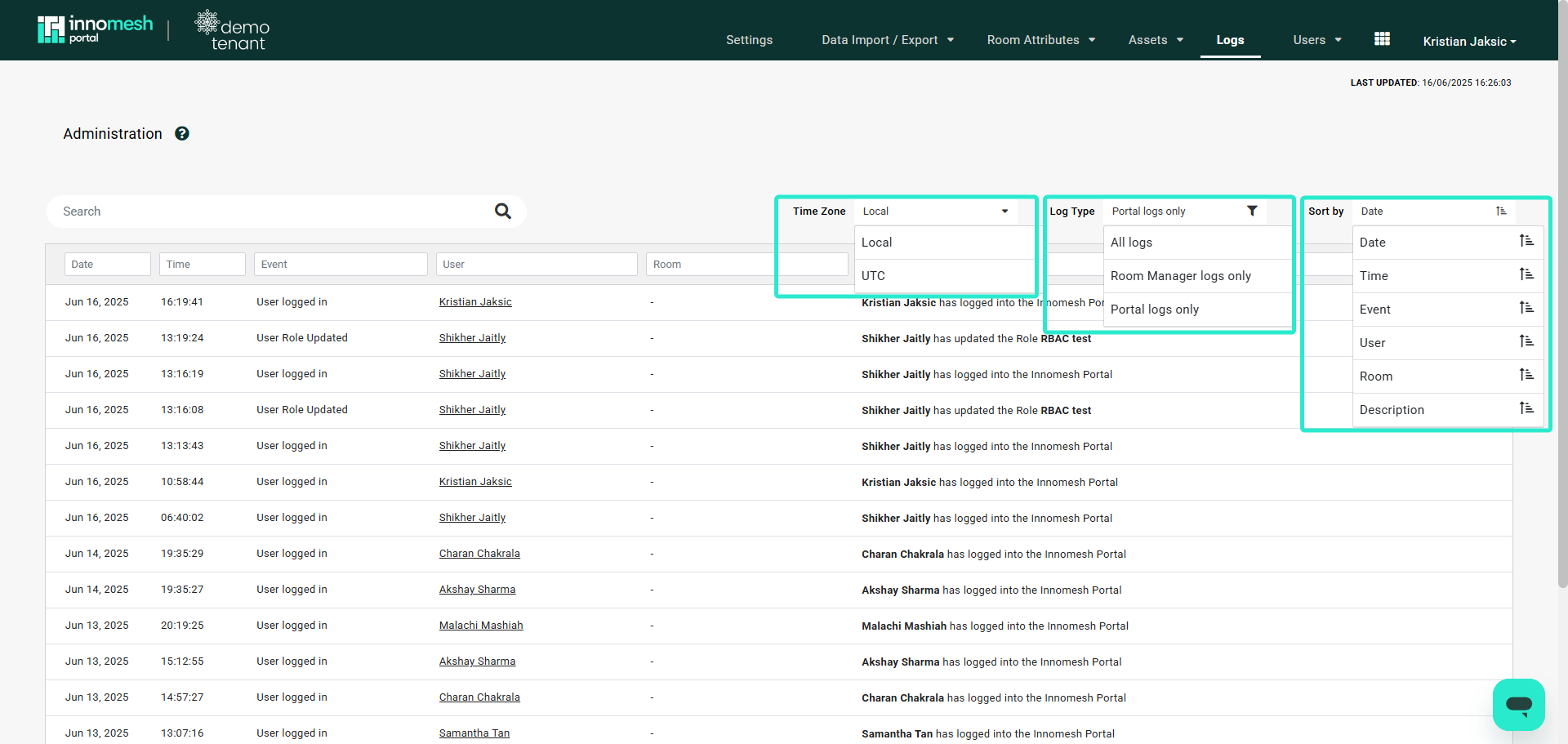 Administration Logs page with Date, Time, Event, User, Room and Description columns and Time Zone, Log Type, and Sort by controls highlighted