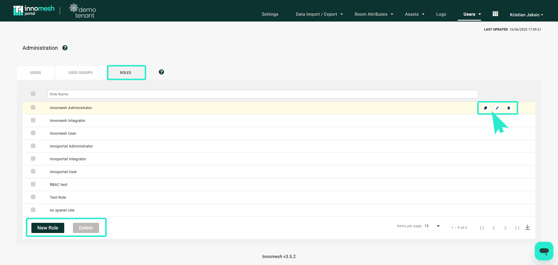 Administration Users page with Roles tab selected showing a list of default roles and a New Role button