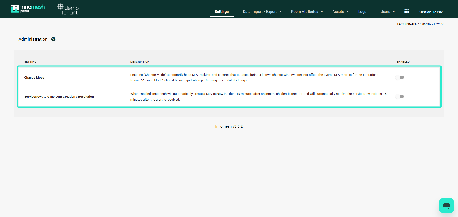 Administration Settings tab with Change Mode and ServiceNow Auto Incident Creation / Resolution rows and their enable toggles