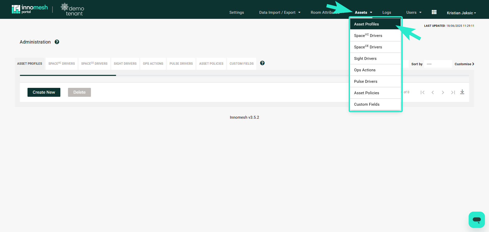 Navigating from Administration to the Asset Profiles section