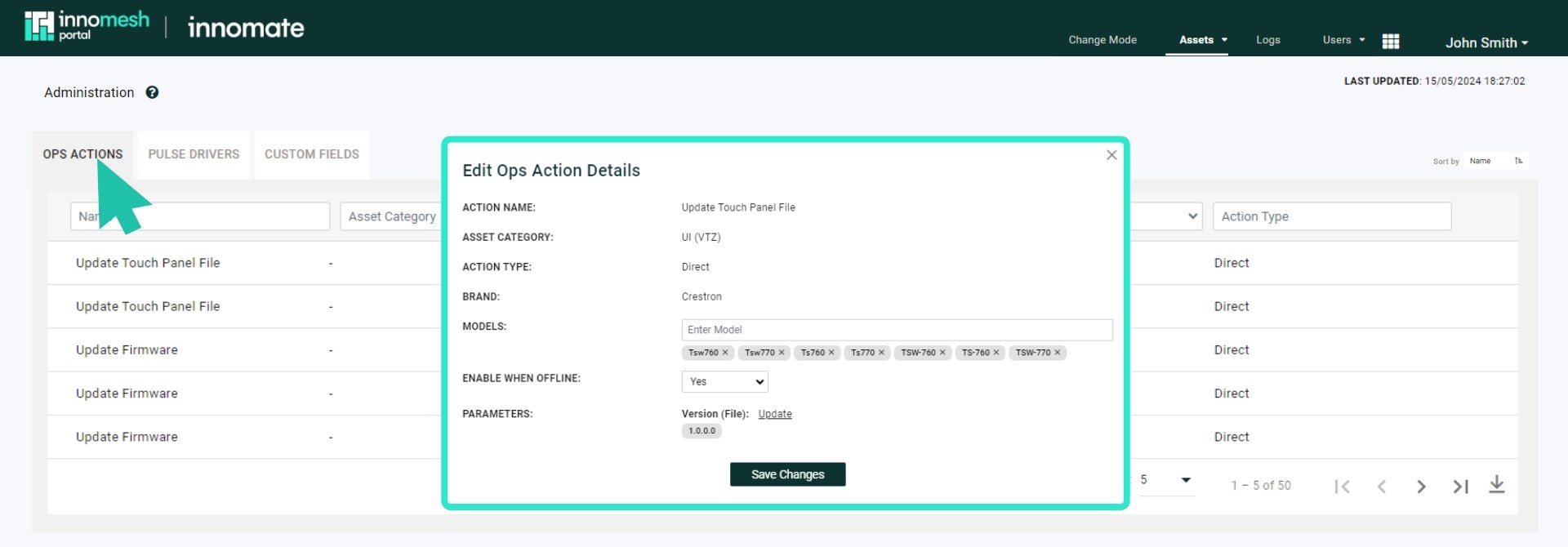Navigation path to Actions Manageability through the Portal administration interface
