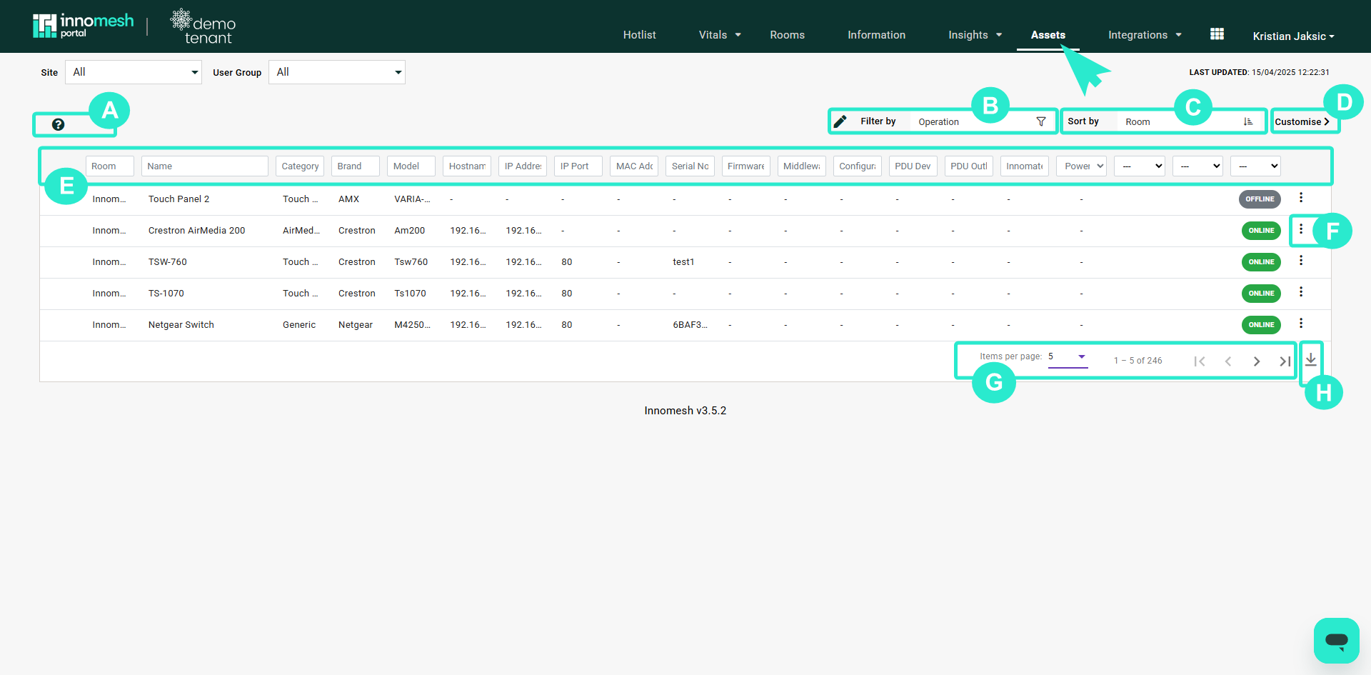 Assets page showing device inventory with filtering