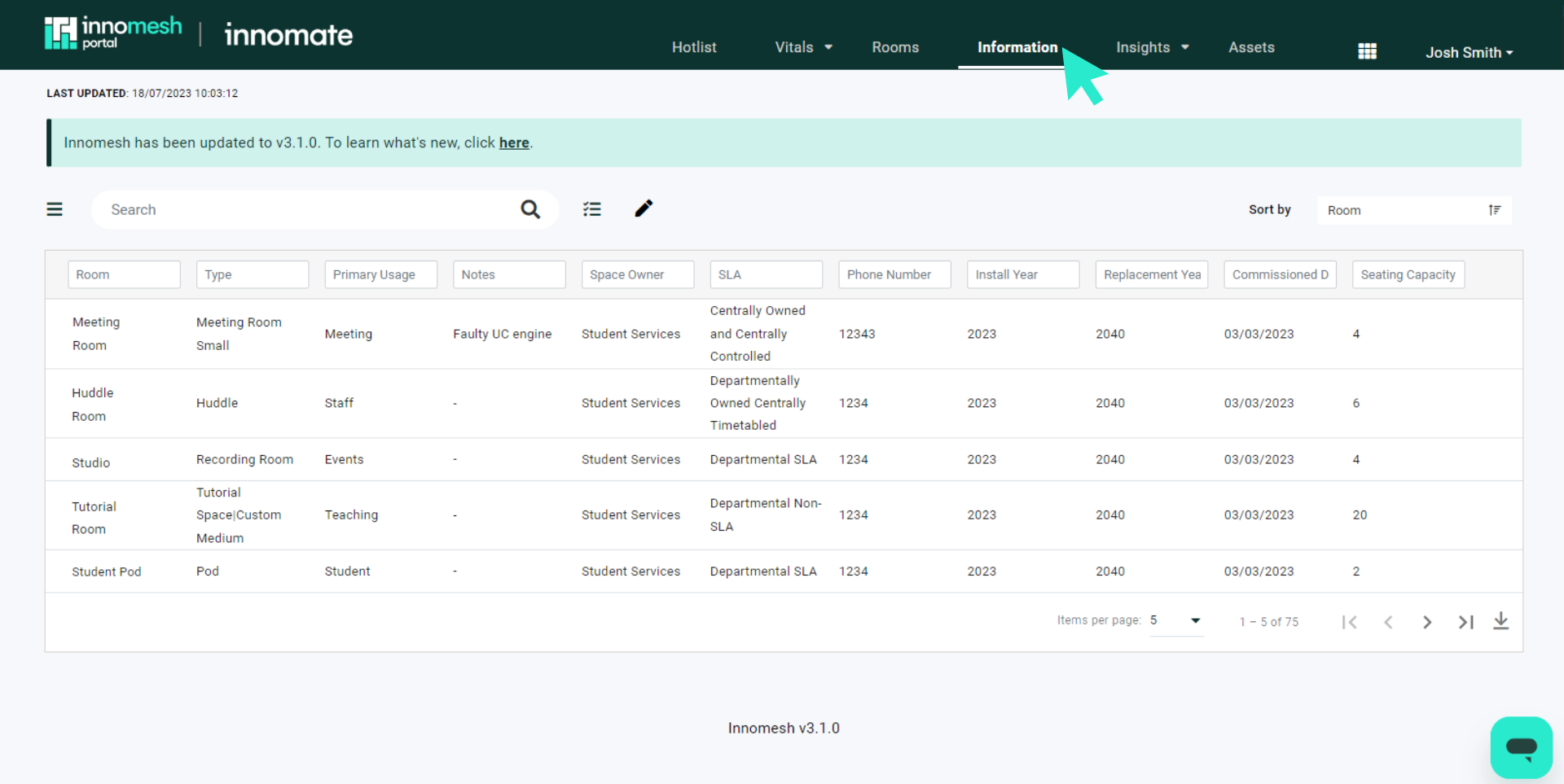 Information page showing room metadata tabs including gallery and schematics