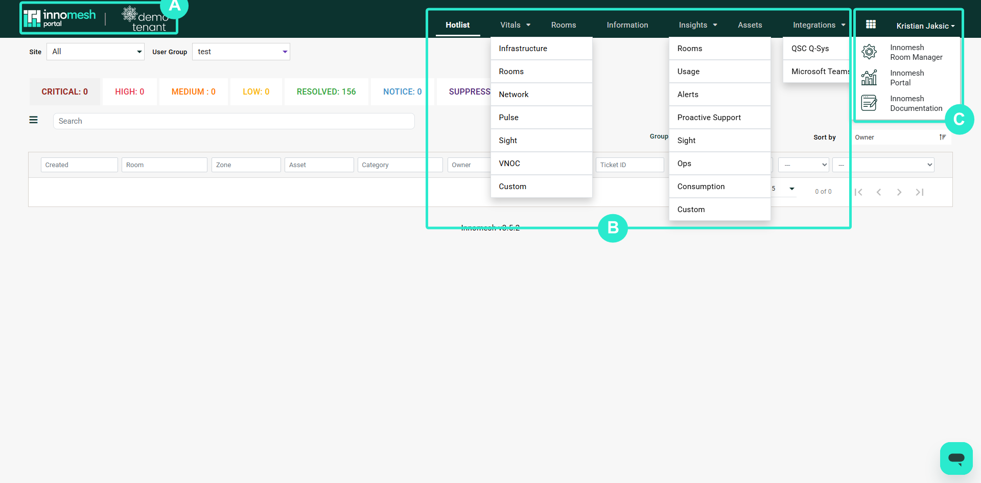 Innomesh Portal navigation bar showing the main tabs