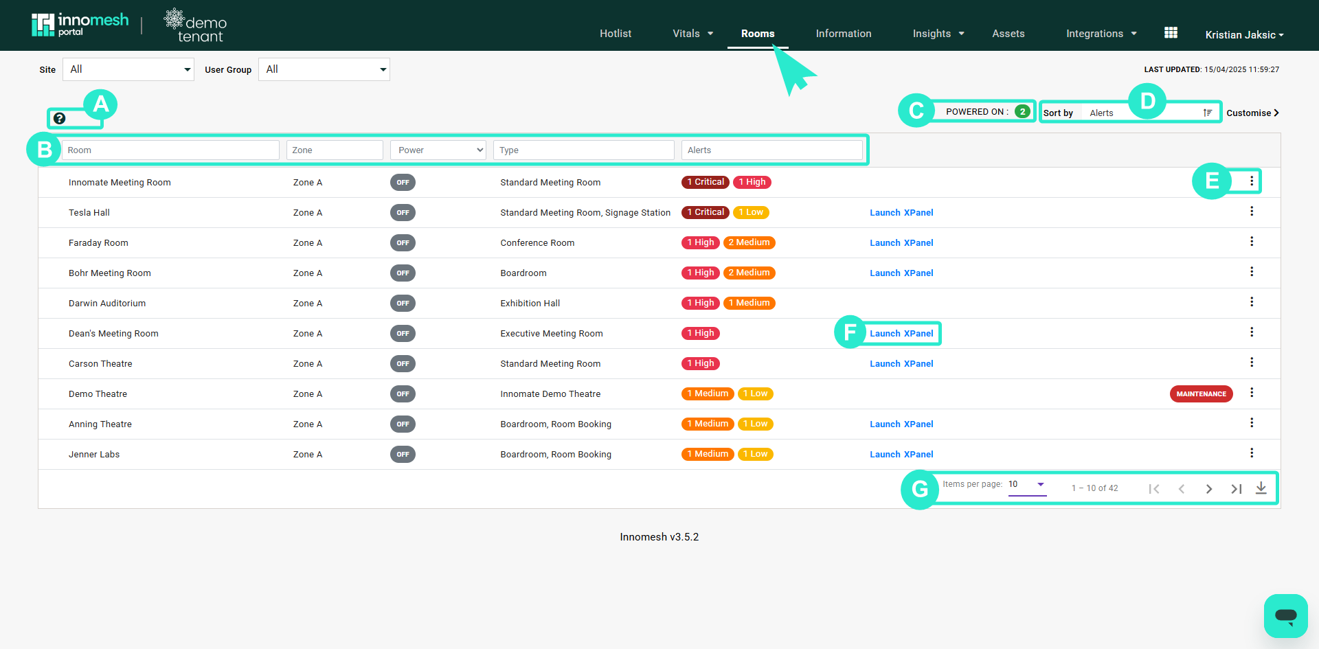 Rooms page showing room list with status indicators