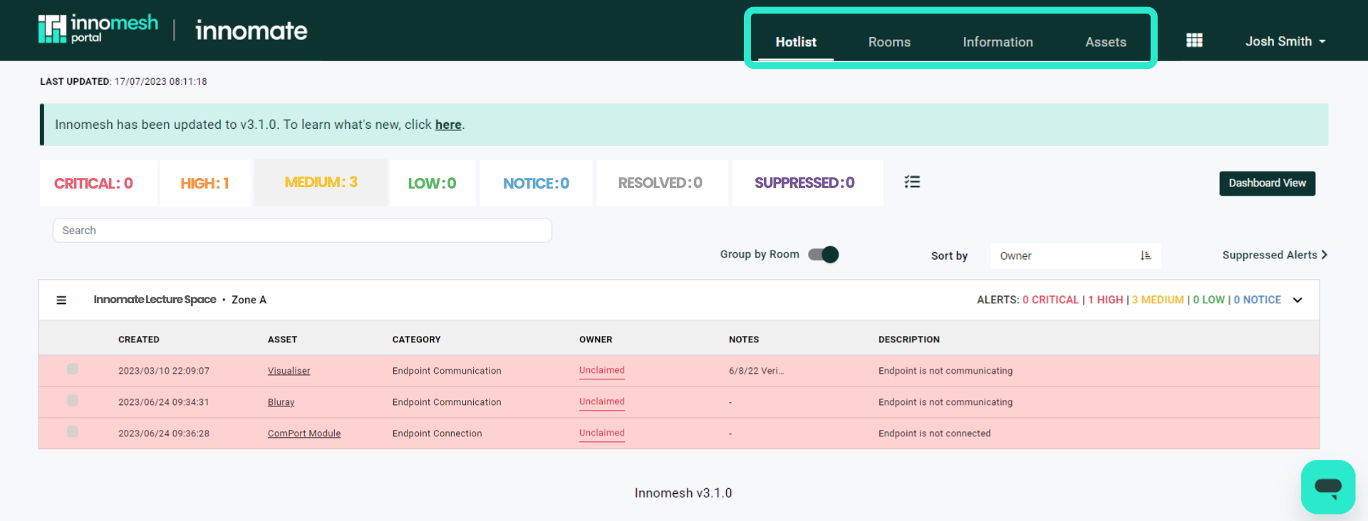Portal navigation bar as seen by a Standard user, with Vitals, Insights, and Administration hidden