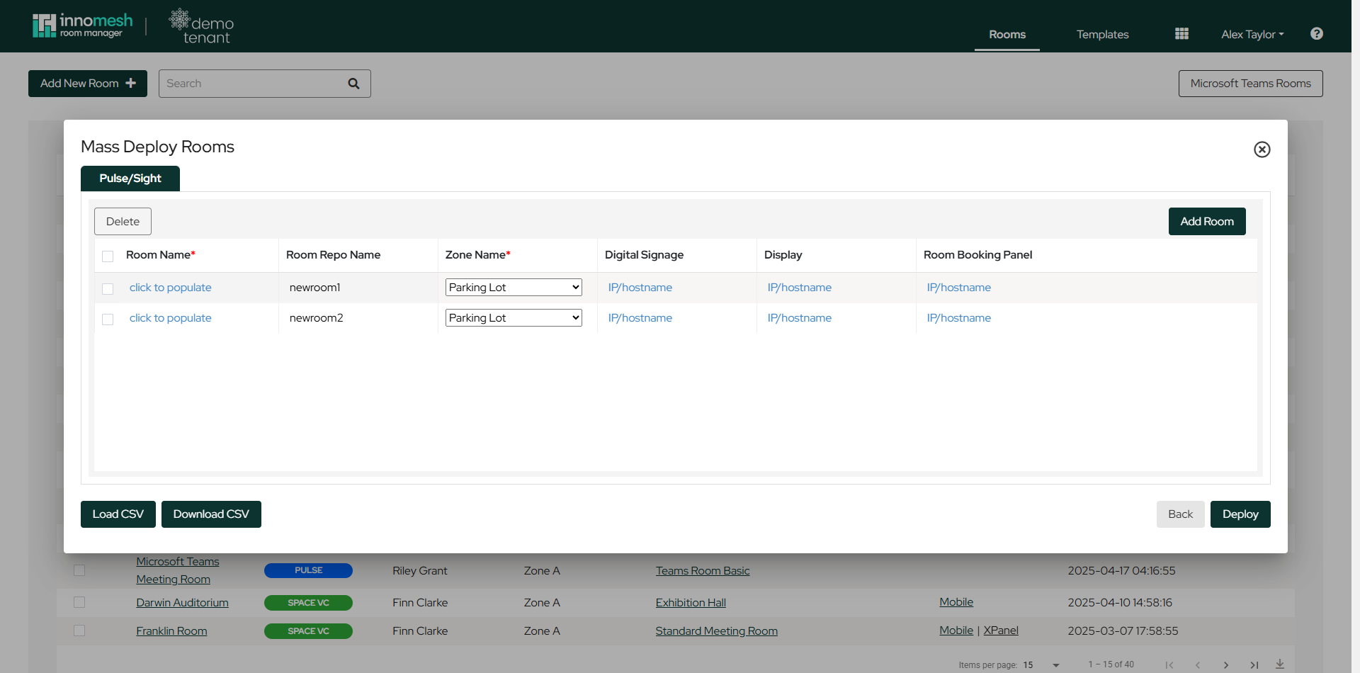 Mass Deploy Rooms view with two staged rooms, zone dropdowns, and per-device IP columns