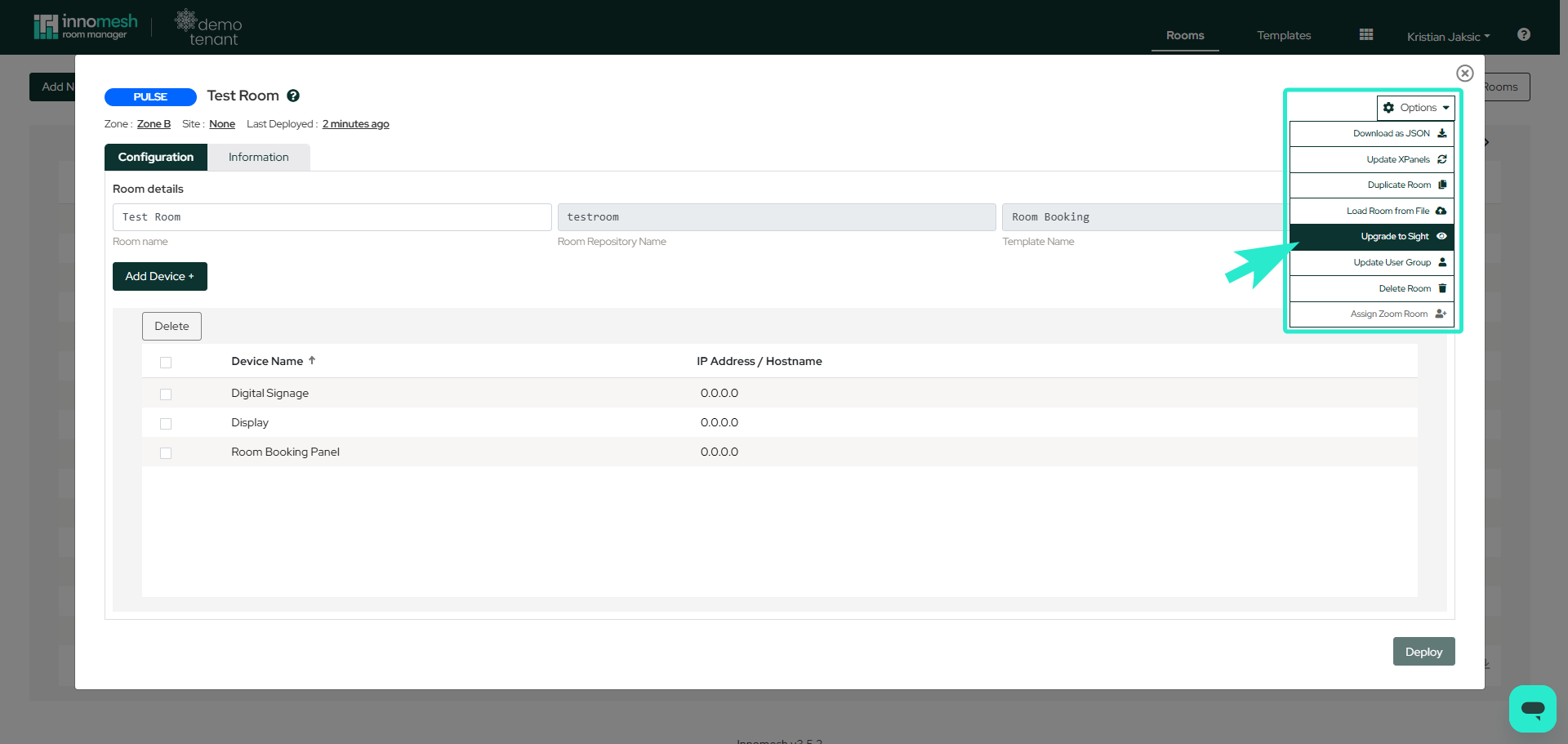 Pulse room configuration dialog with the Options dropdown open and Upgrade to Sight highlighted.