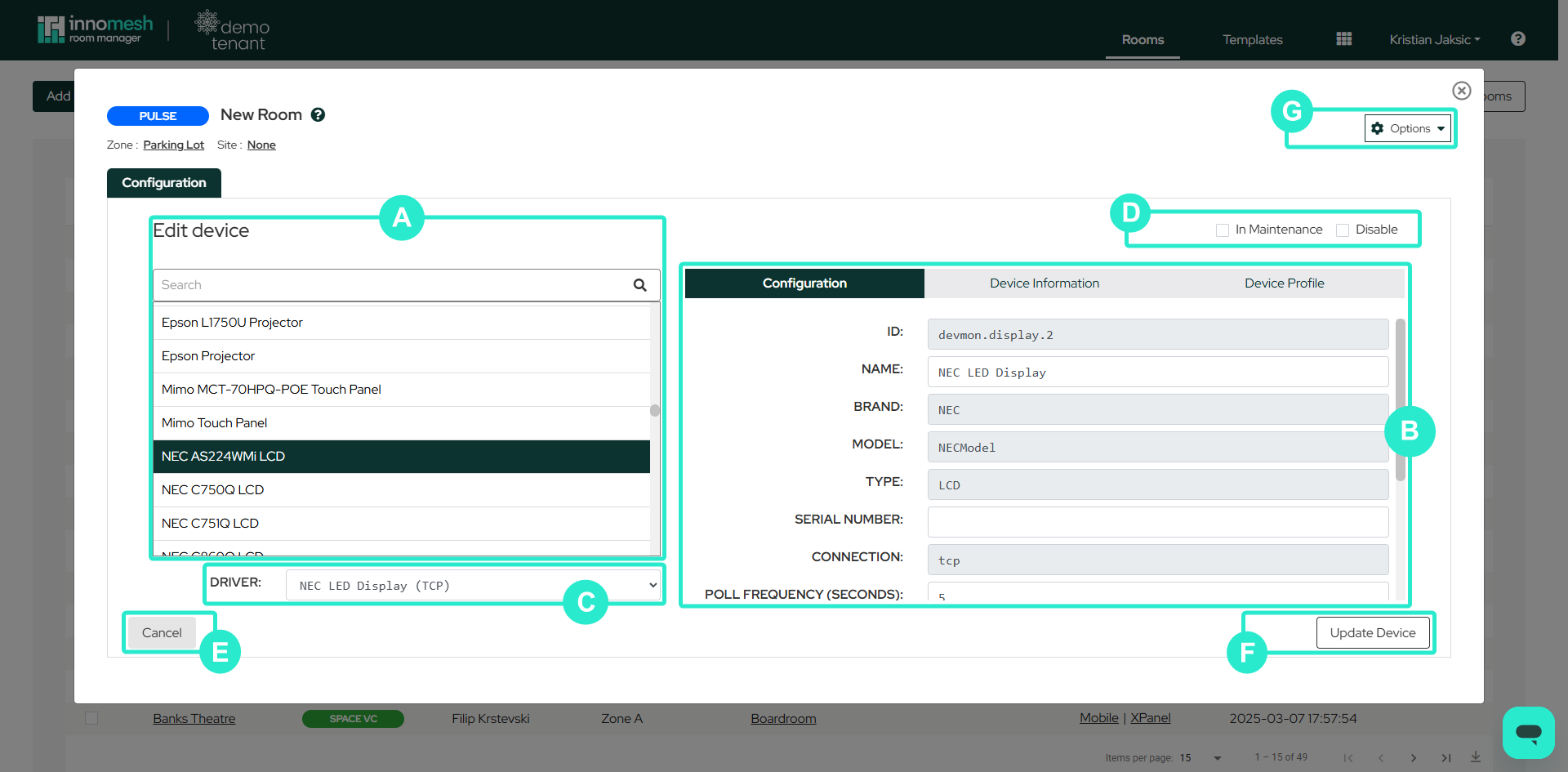 New Room configuration view annotated with labelled controls A through G