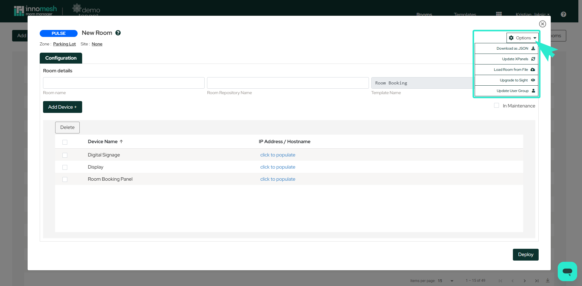 Options dropdown menu expanded showing Download as JSON, Update XPanels, Load Room from File, Upgrade to Sight, and Update User Group