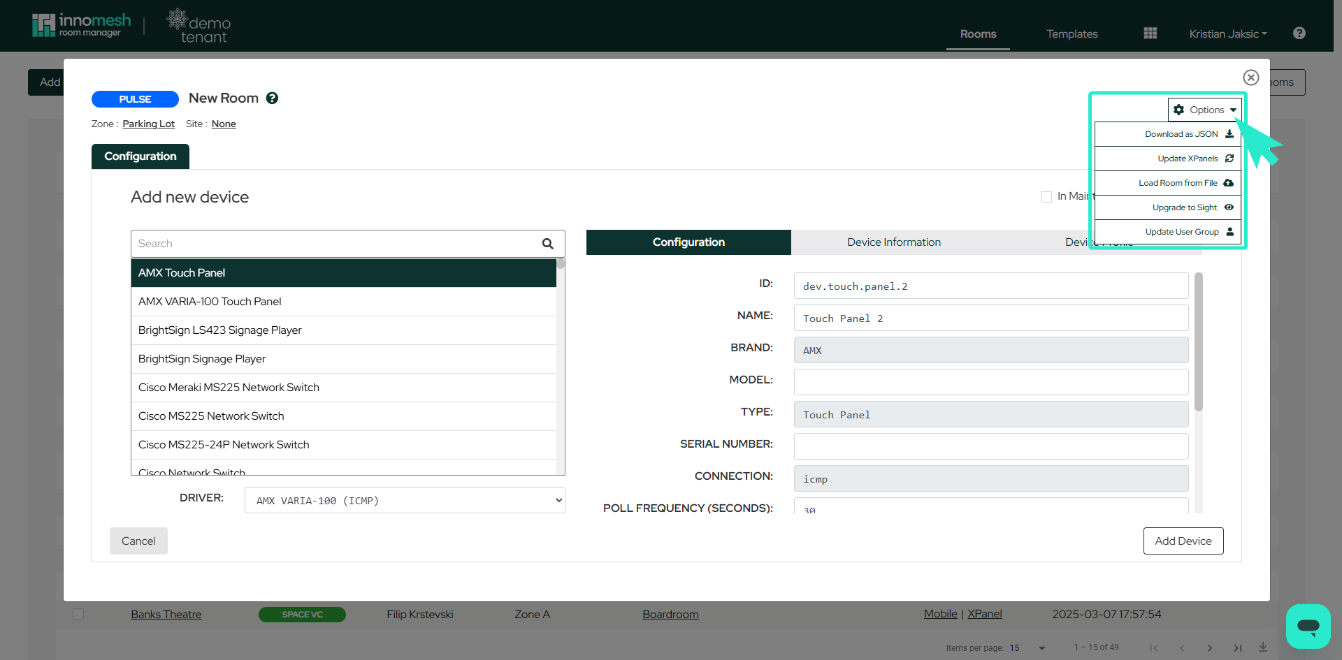 Edit device panel annotated with labelled controls A through G covering search, tabs, driver, and actions
