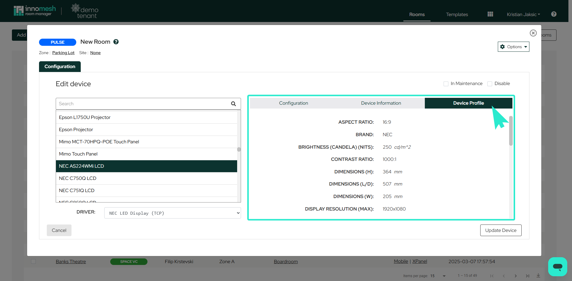 Edit device panel with the Device Profile tab active showing specifications like aspect ratio and brightness
