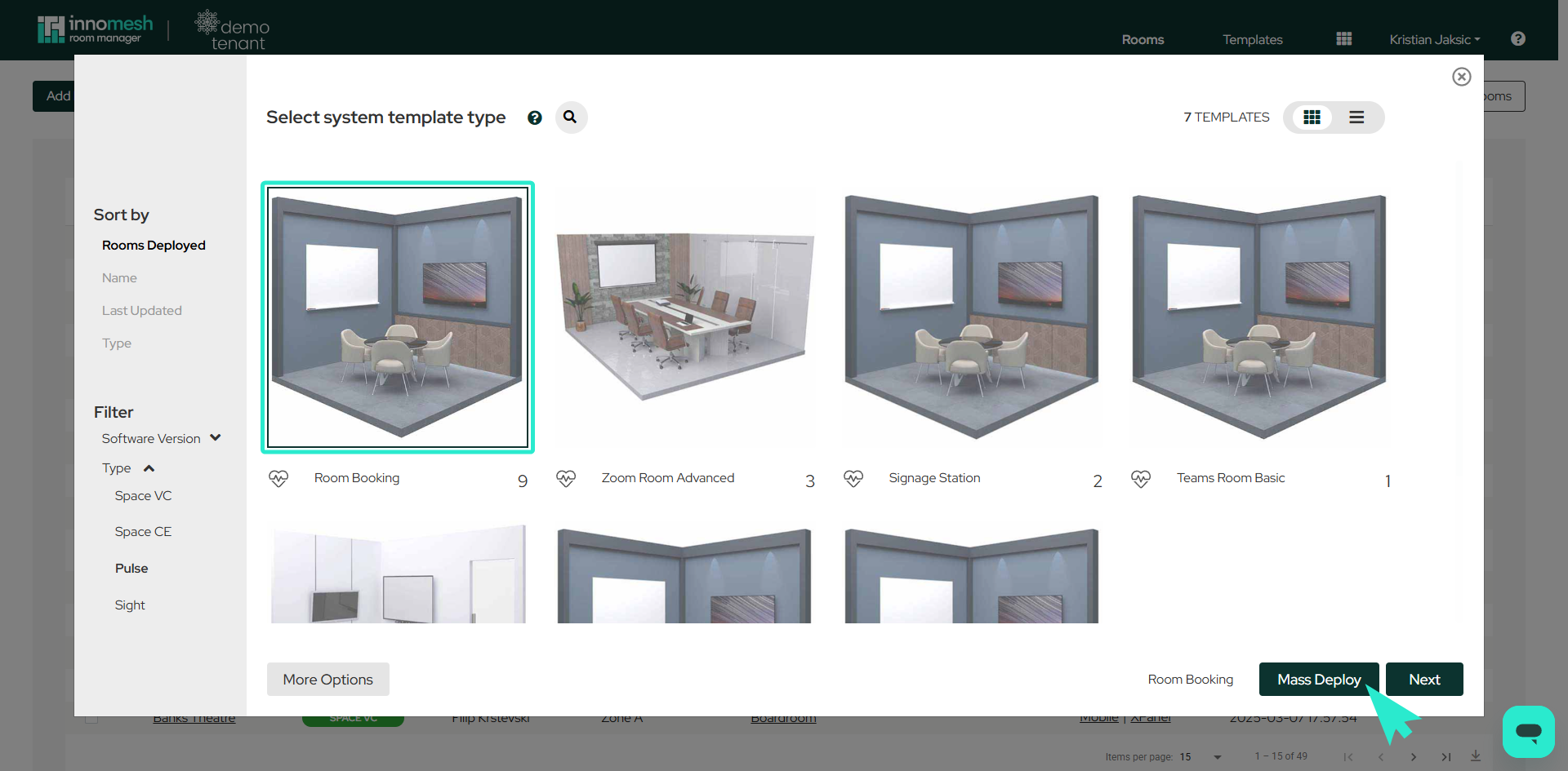Template picker with the Room Booking template selected and the Software Version and Type filters highlighted in the sidebar
