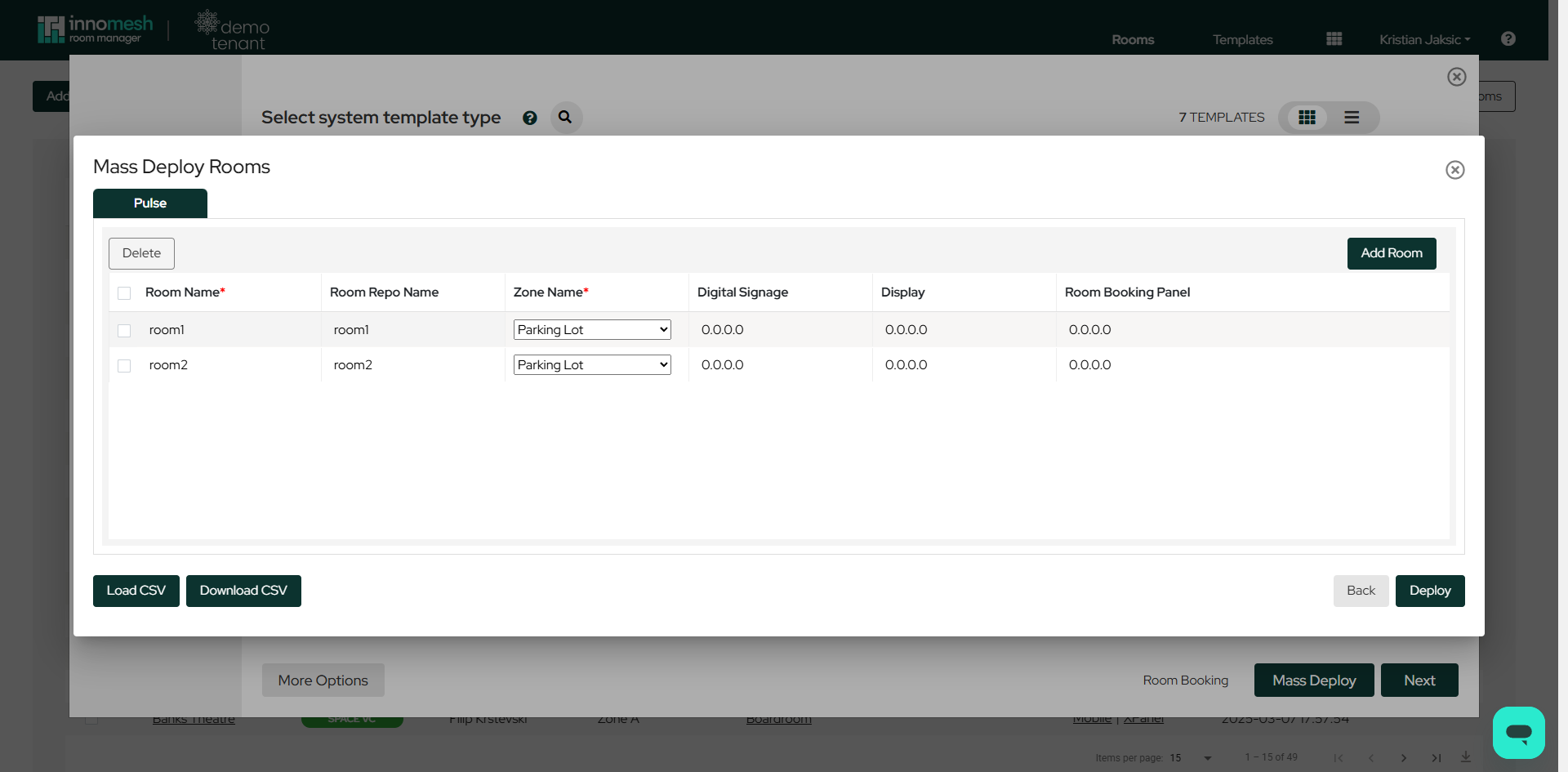 Mass Deploy Rooms view listing rooms with zone dropdowns and device IP columns
