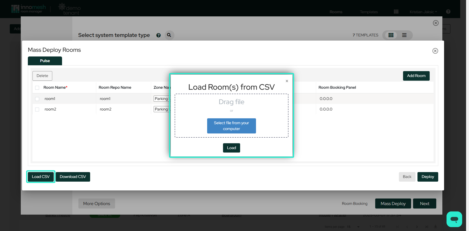 Load Rooms from CSV dialog with a drag-and-drop file area and the Load CSV button highlighted