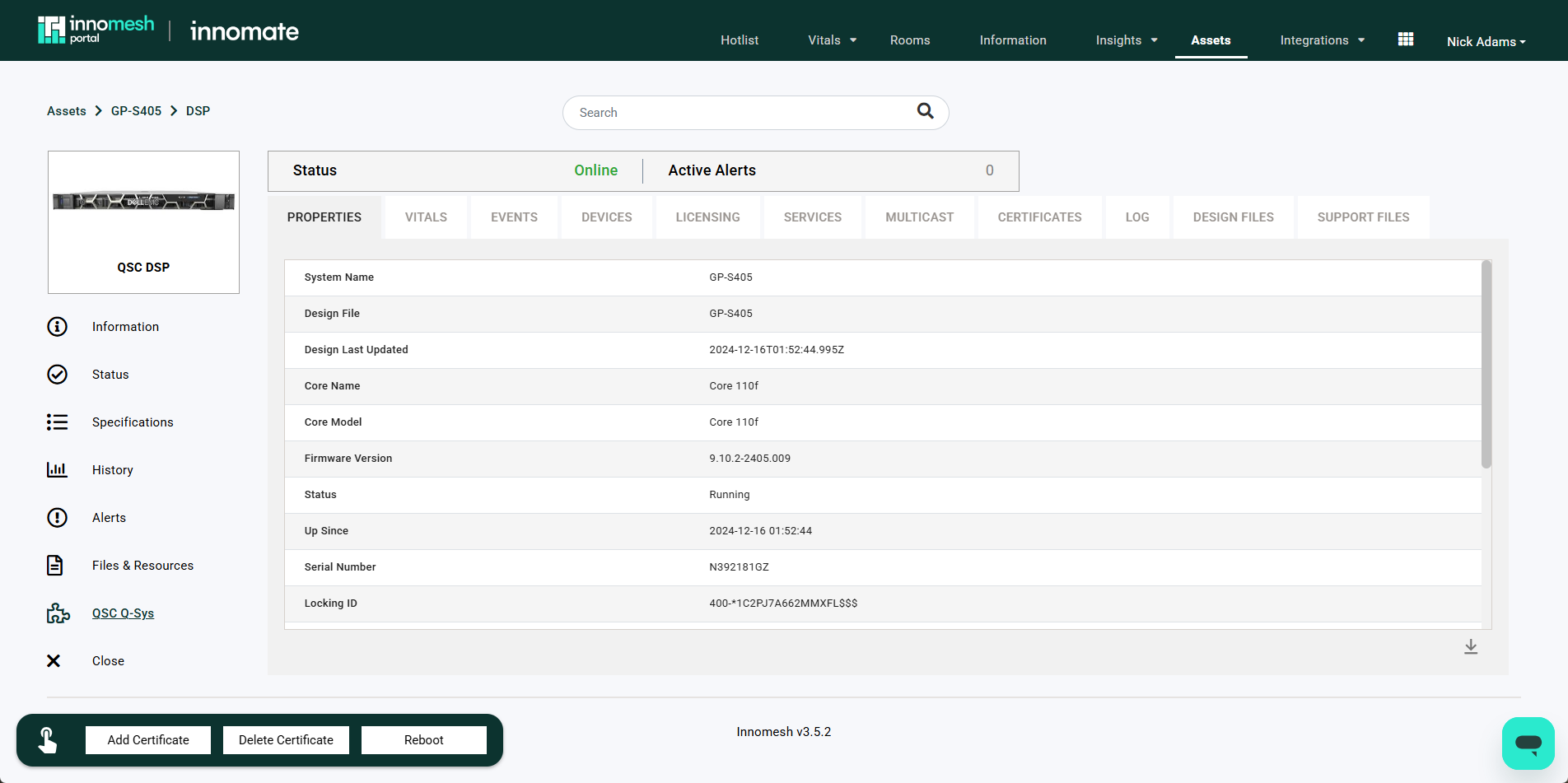 Q-Sys Asset Information
