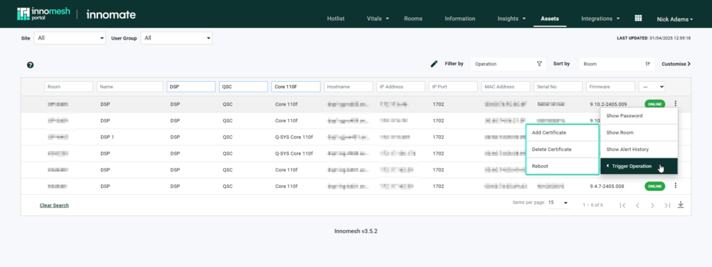 Assets Registry row with Trigger Operation menu showing Add Certificate, Delete Certificate, and Reboot