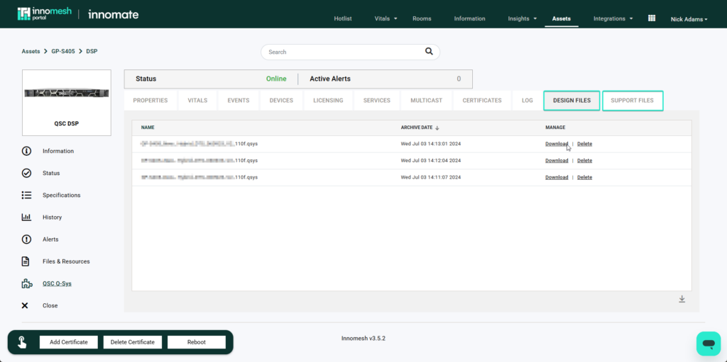 Q-Sys asset detail with Design Files tab listing archived .qsys files and Download and Delete actions