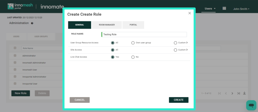 Create Role dialog open on the General tab with a role name entered