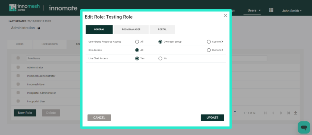Edit Role General tab with User Group Resource Access set to Own user group