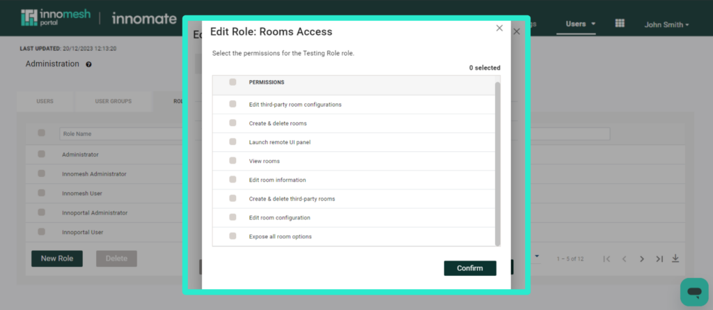 Room Manager Administration Access custom permissions picker
