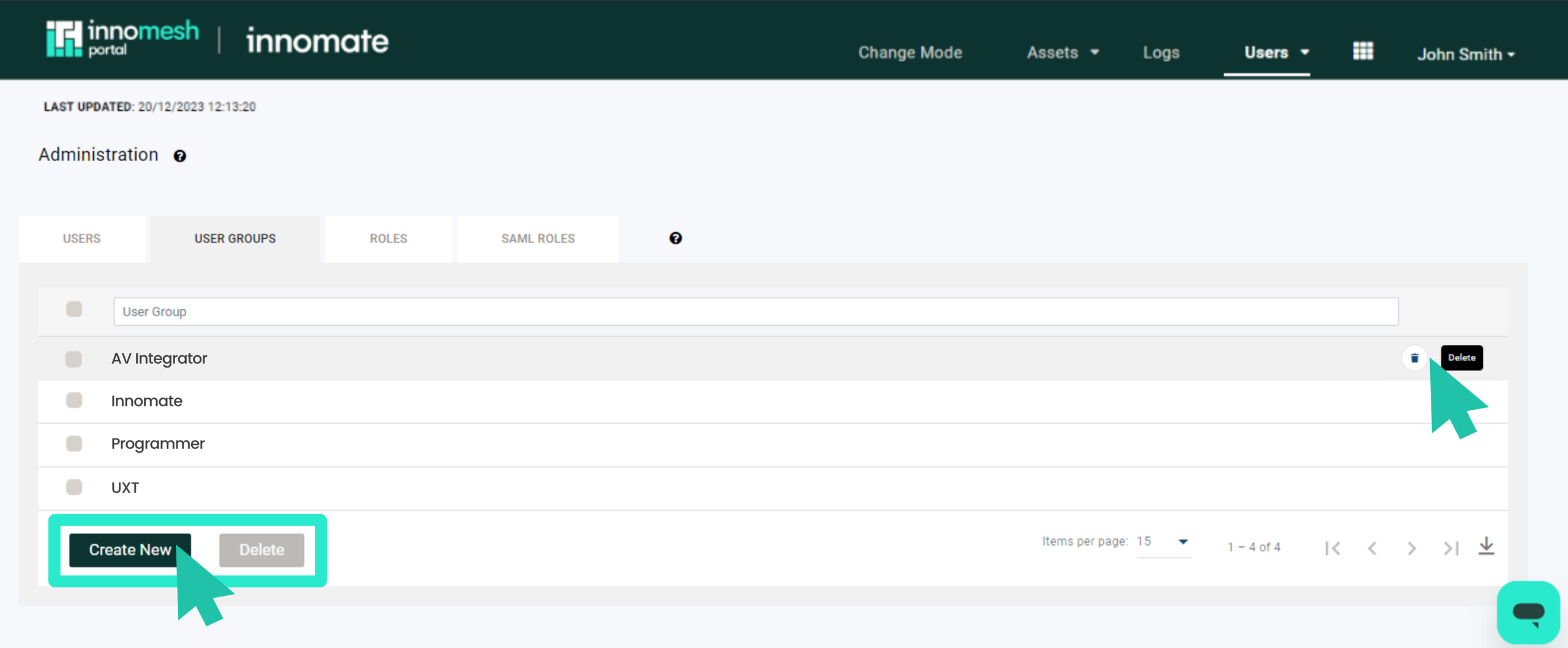 User Groups tab listing AV Integrator, Innomate, Programmer and UXT with Create New and Delete buttons