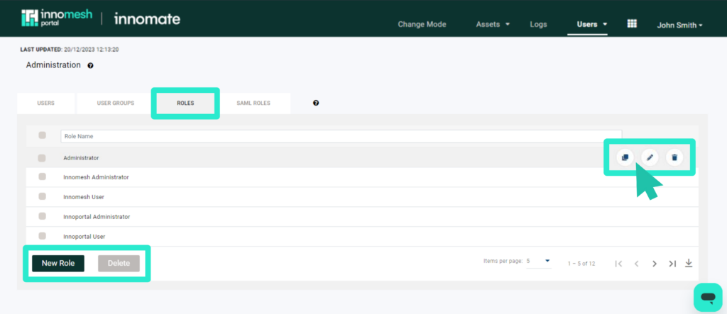 Roles tab listing built-in roles with the New Role button and row actions highlighted