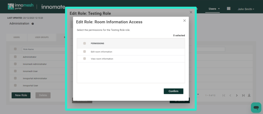 Room Information Access custom permissions picker for a role
