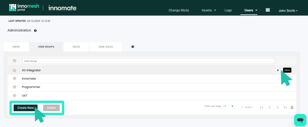 User Groups tab with the Create New and Delete buttons highlighted