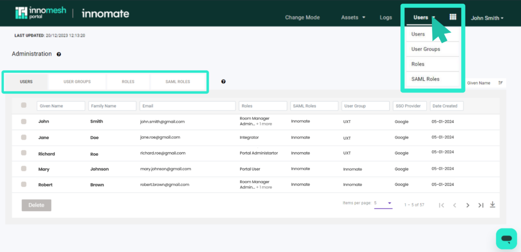 Administration area showing the Users, User Groups, Roles and SAML Roles tabs
