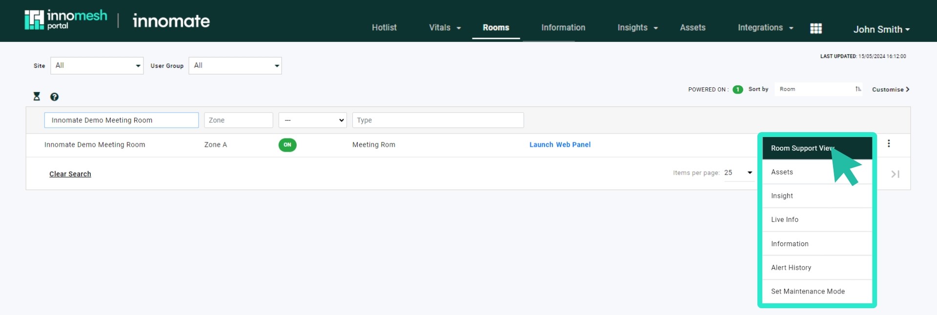 Rooms page ellipsis menu expanded to show the Room Support View option