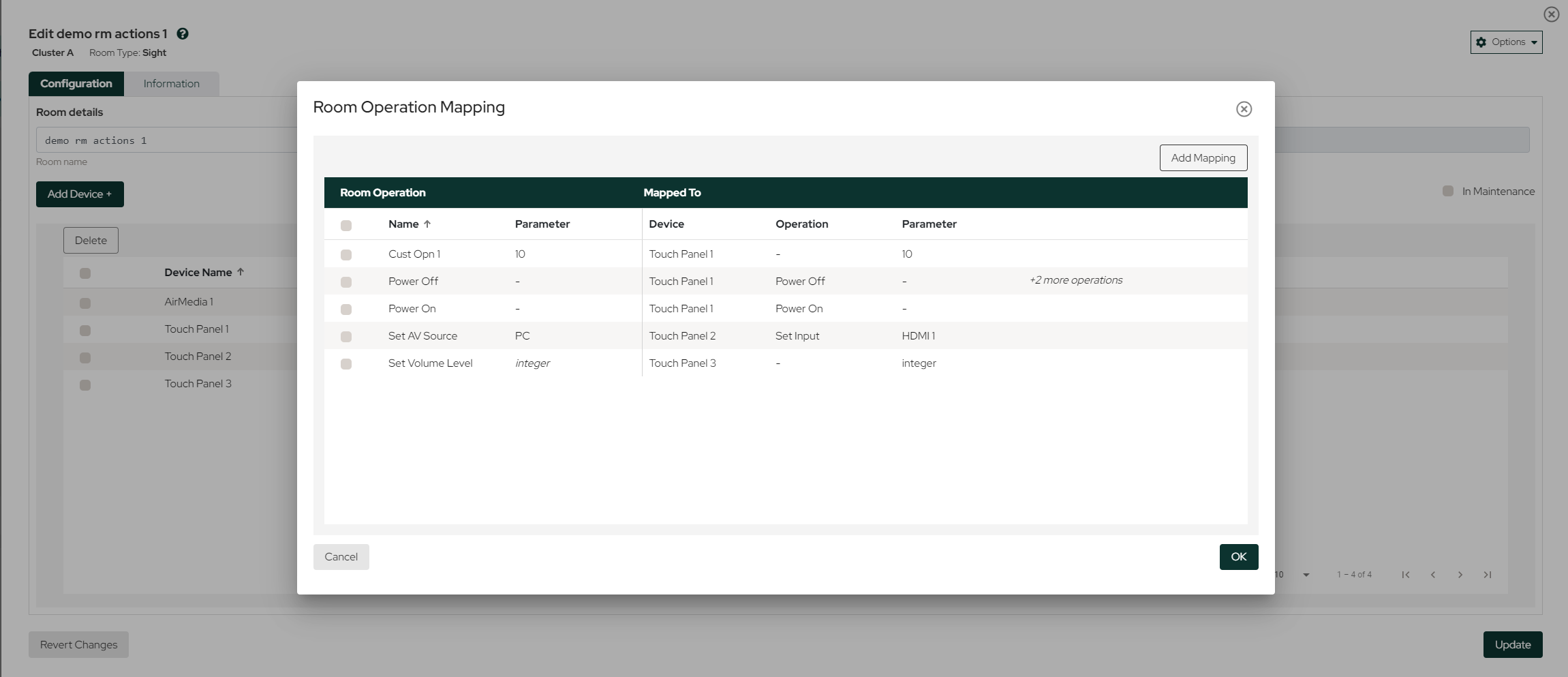Room Operation Mapping modal in a Sight room editor, listing mapped operations such as Cust Opn 1, Power Off, Power On, Set AV Source, and Set Volume Level, each linked to specific devices and operations.