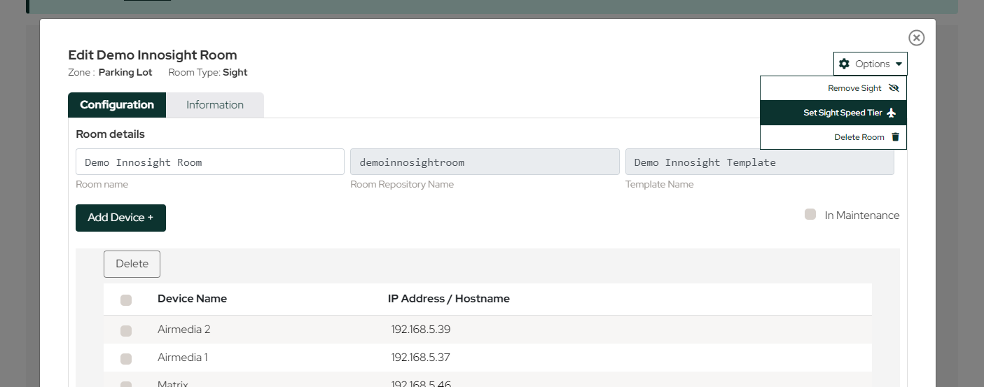 Edit Sight Room modal with the Options dropdown open, showing Set Sight Speed Tier among the available actions