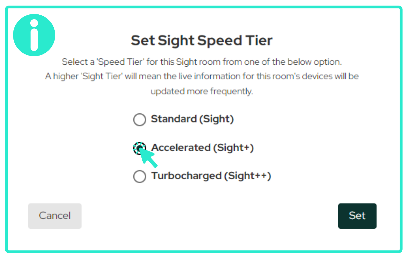 Sight speed tier selection menu shown when creating a Sight room