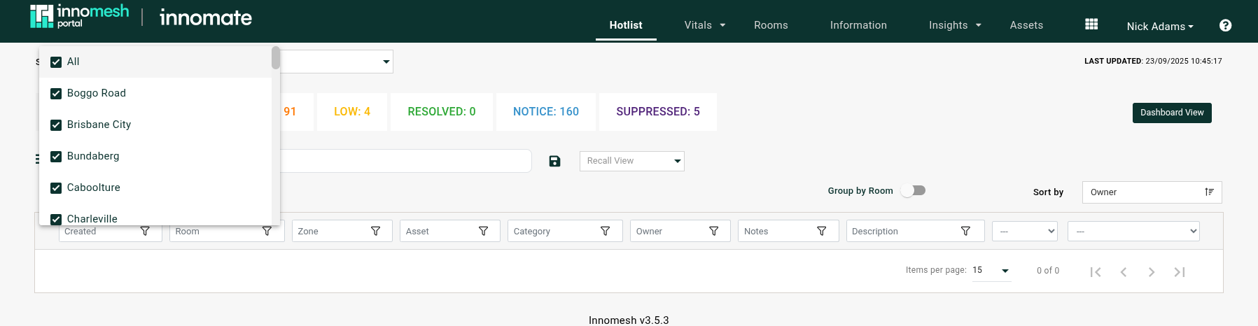 Room Manager room configuration modal with the Site field highlighted, showing 'Brisbane City' assigned and a 'Select room site / location' tooltip