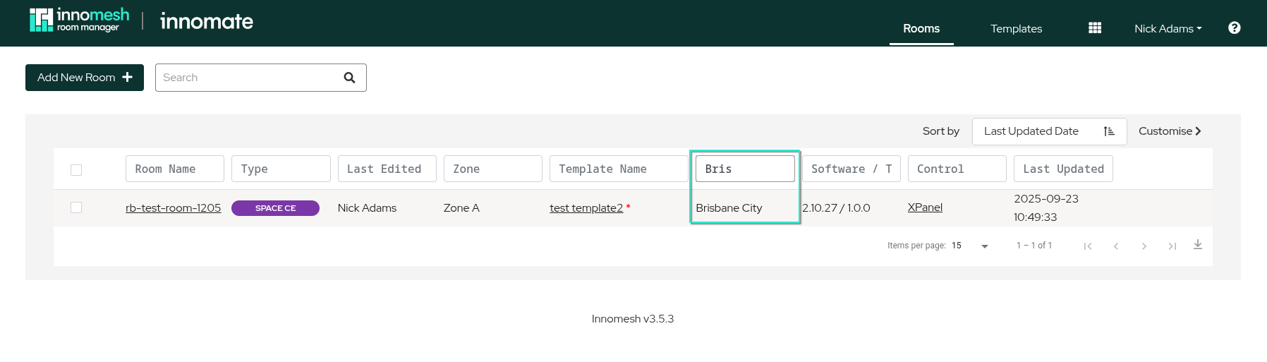 Innomesh Portal Hotlist page with a site filter dropdown open, showing checkboxes for sites including 'All', 'Boggo Road', 'Brisbane City', 'Bundaberg', 'Caboolture', and 'Charleville'