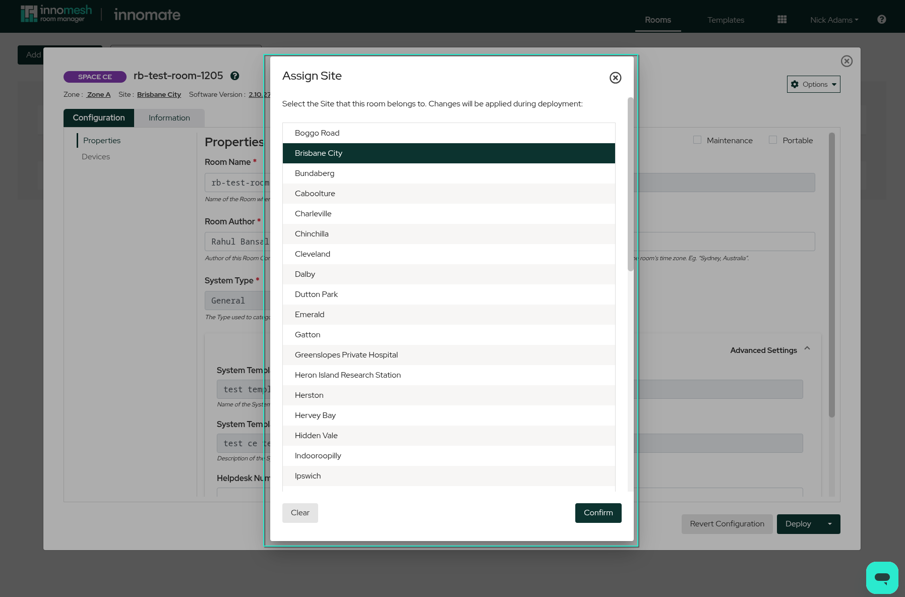 Selecting a site from the dropdown list and confirming the change