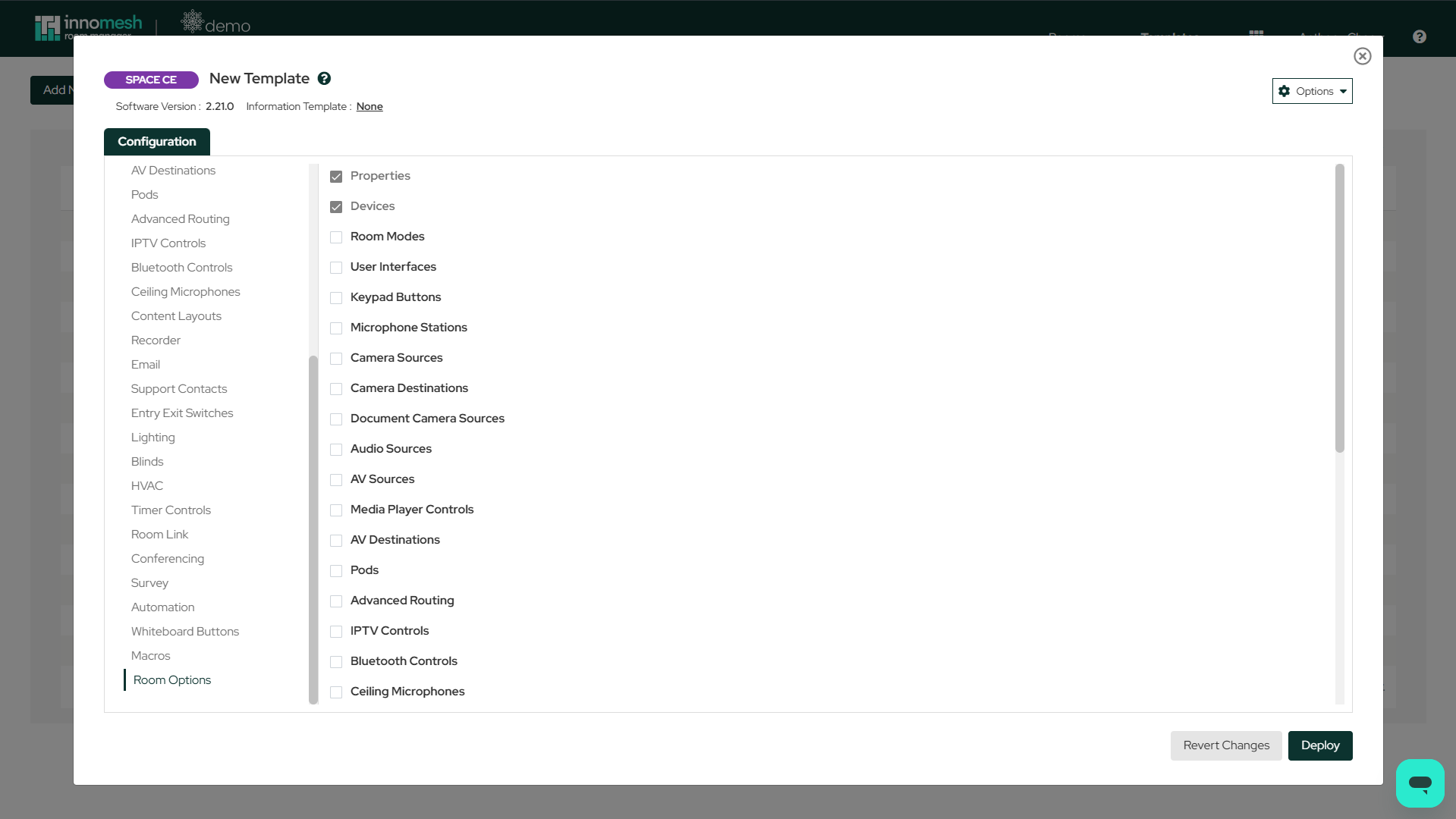Room Options section listing configuration items as checkboxes, with Properties and Devices ticked