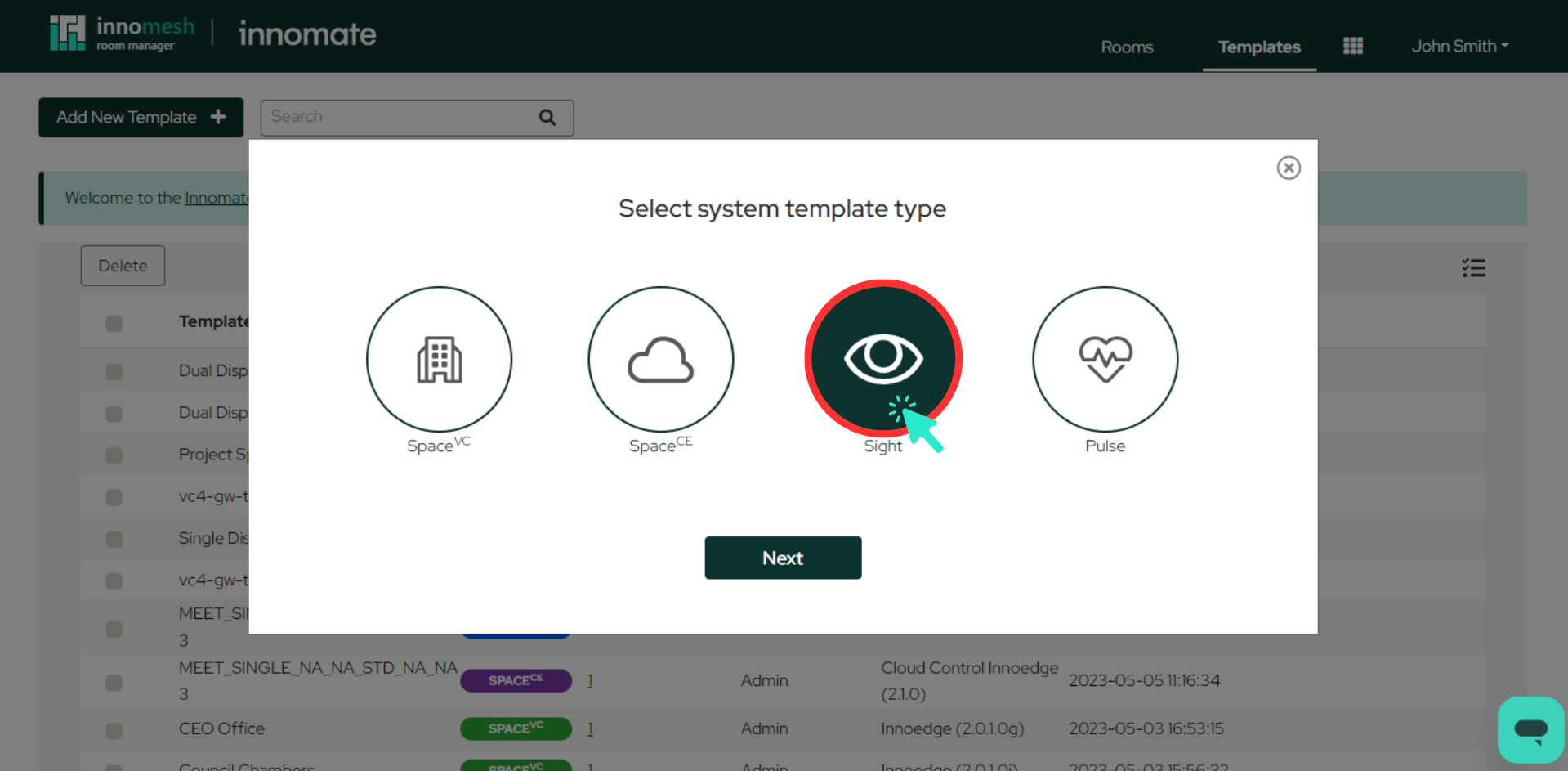 Room template creation screen with Sight product option selected
