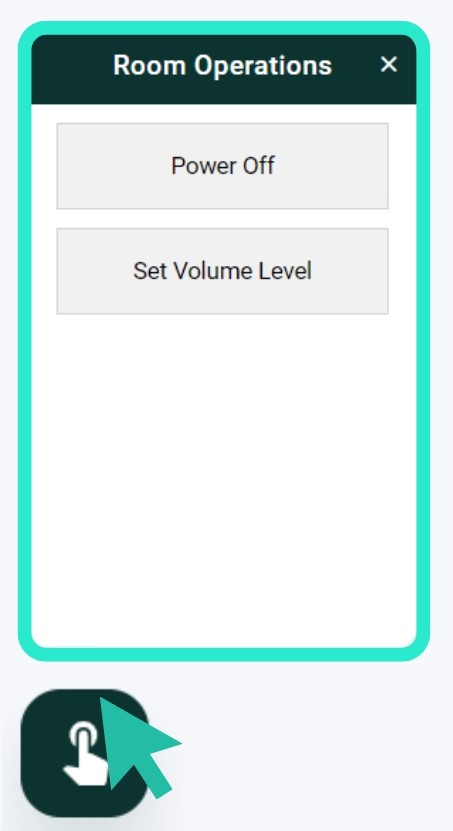 Room Operations pane with Power Off and Set Volume Level buttons above its launch icon