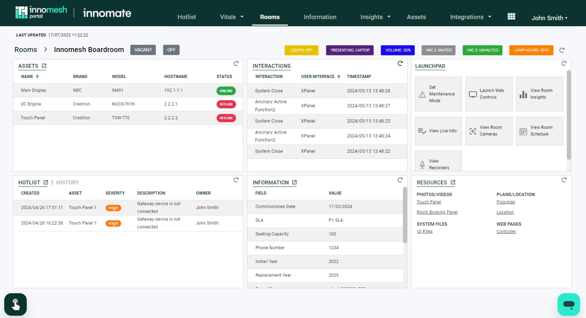 Room Support View dashboard showing a room's assets, interactions, hotlist, information, and resources panels
