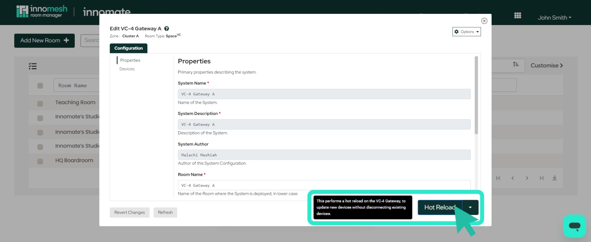 VC-4 Gateway update control showing Hot Reload as the default action with a conventional update option in the dropdown