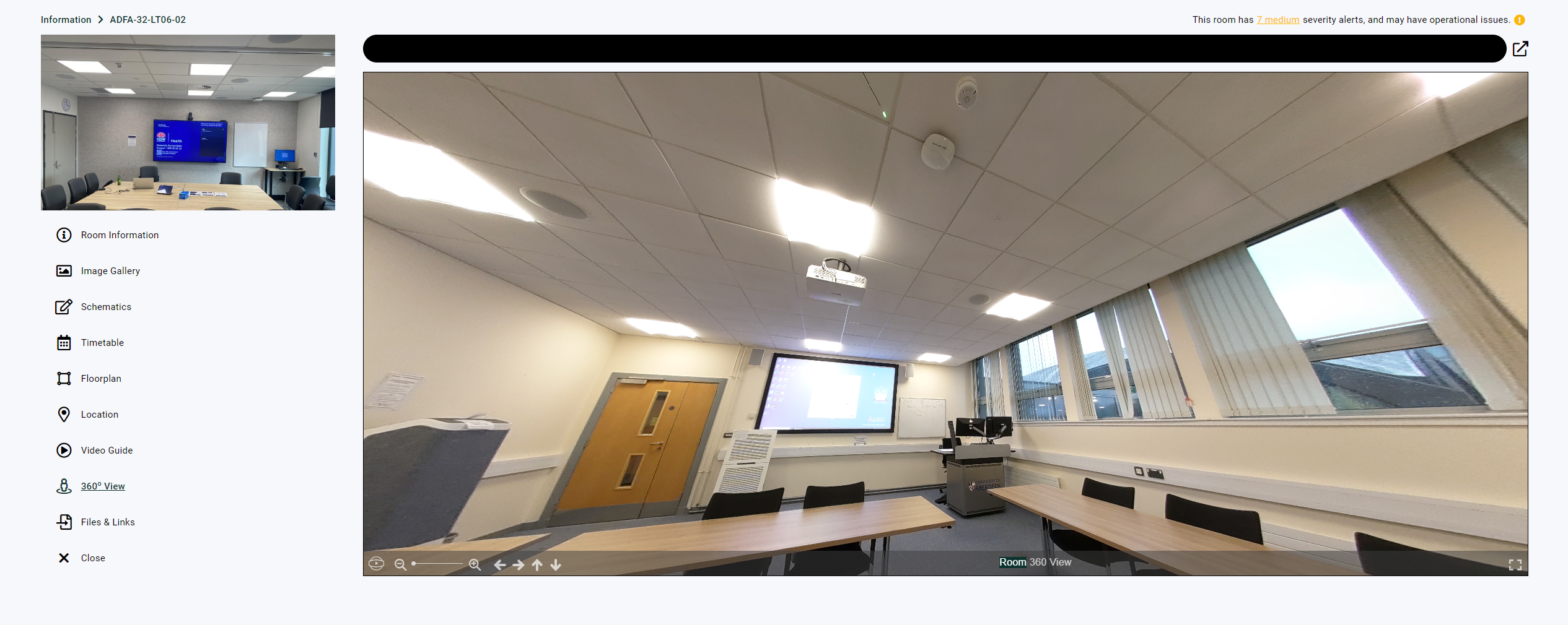 360 View page showing an interactive panoramic photo of a classroom