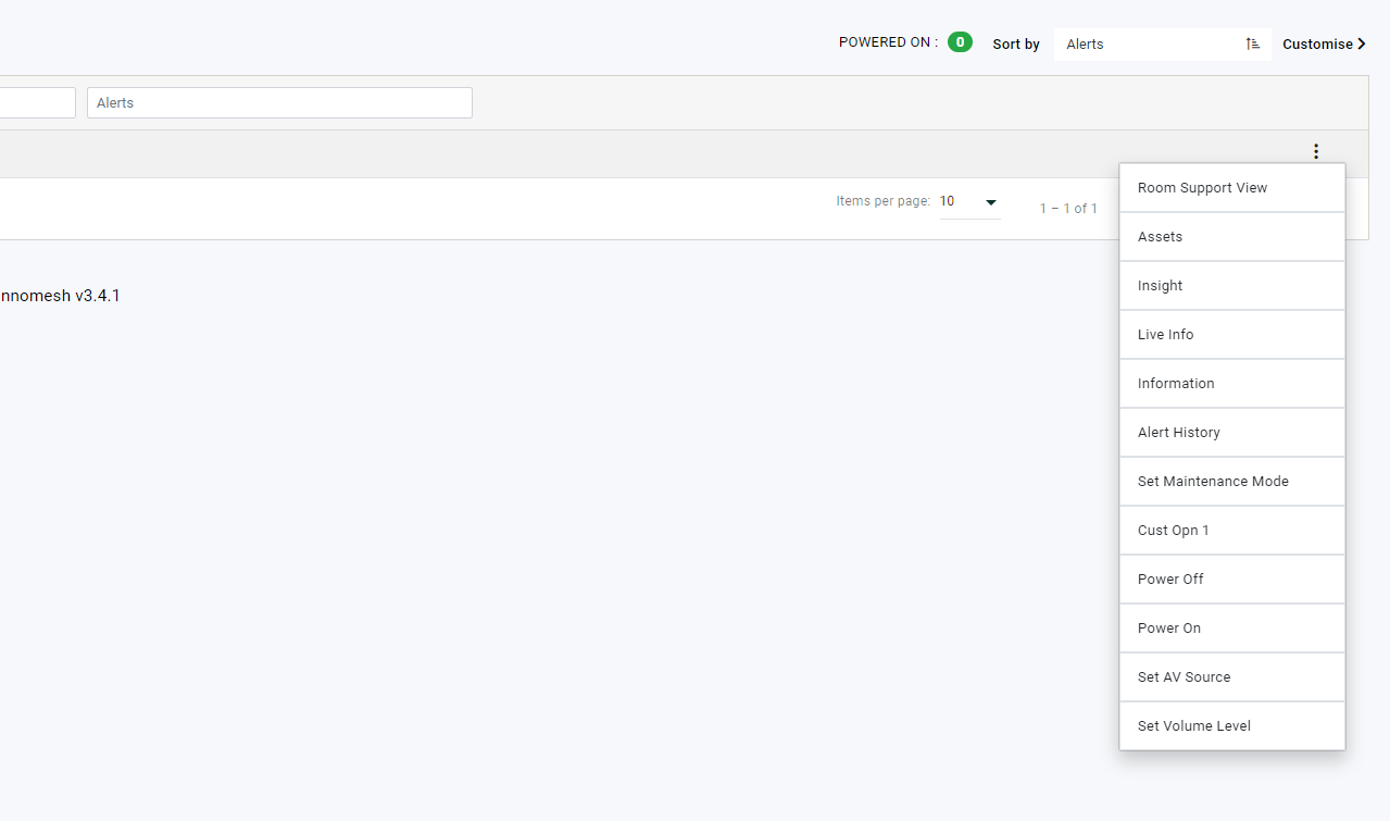 Rooms context menu listing Room Support View, Assets, Insight and operations including Cust Opn 1, Power Off, Power On, Set AV Source, Set Volume Level